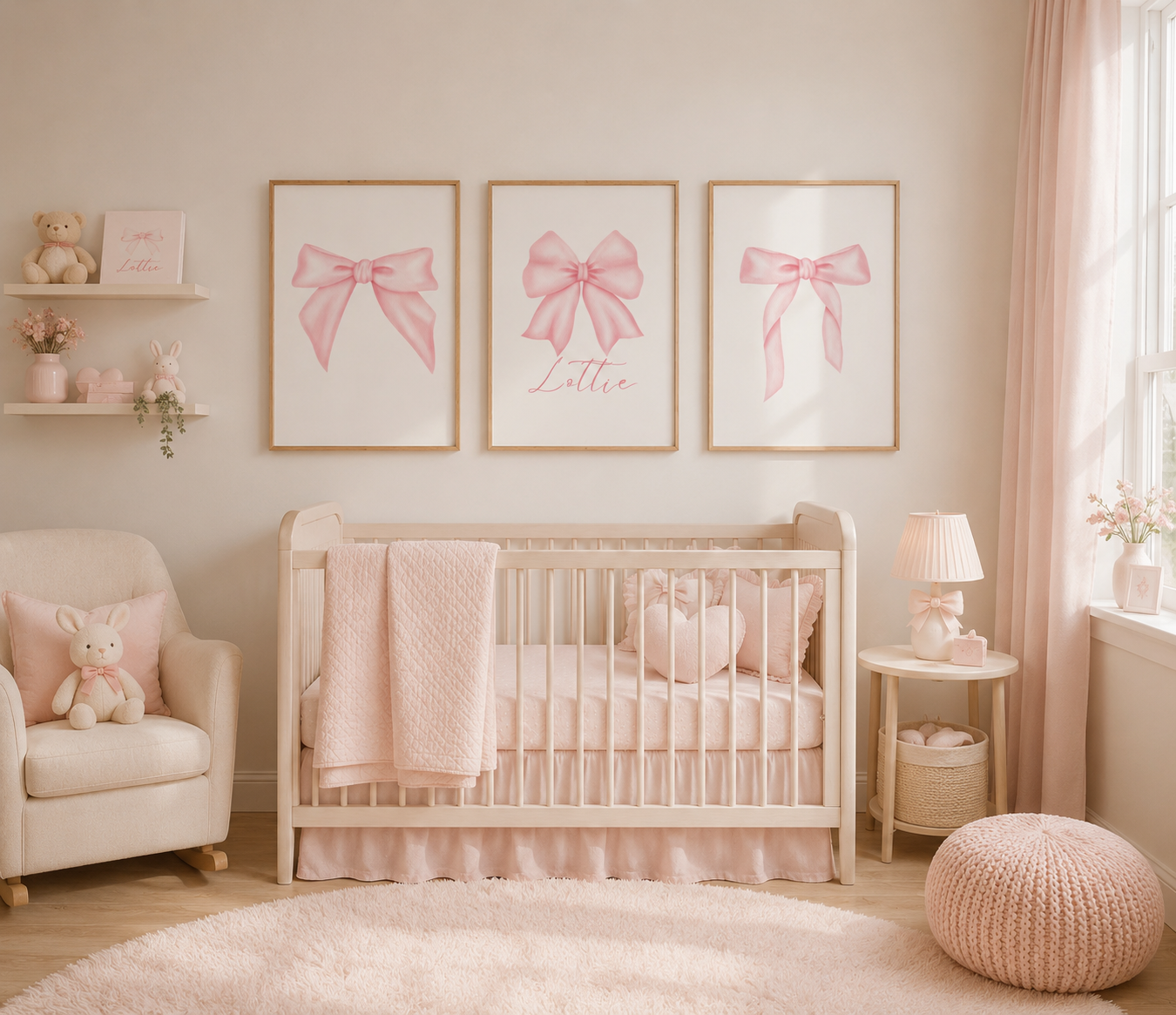 Luxury blush pink bow nursery wall art in neutral oak frames for girls bedroom styling.
