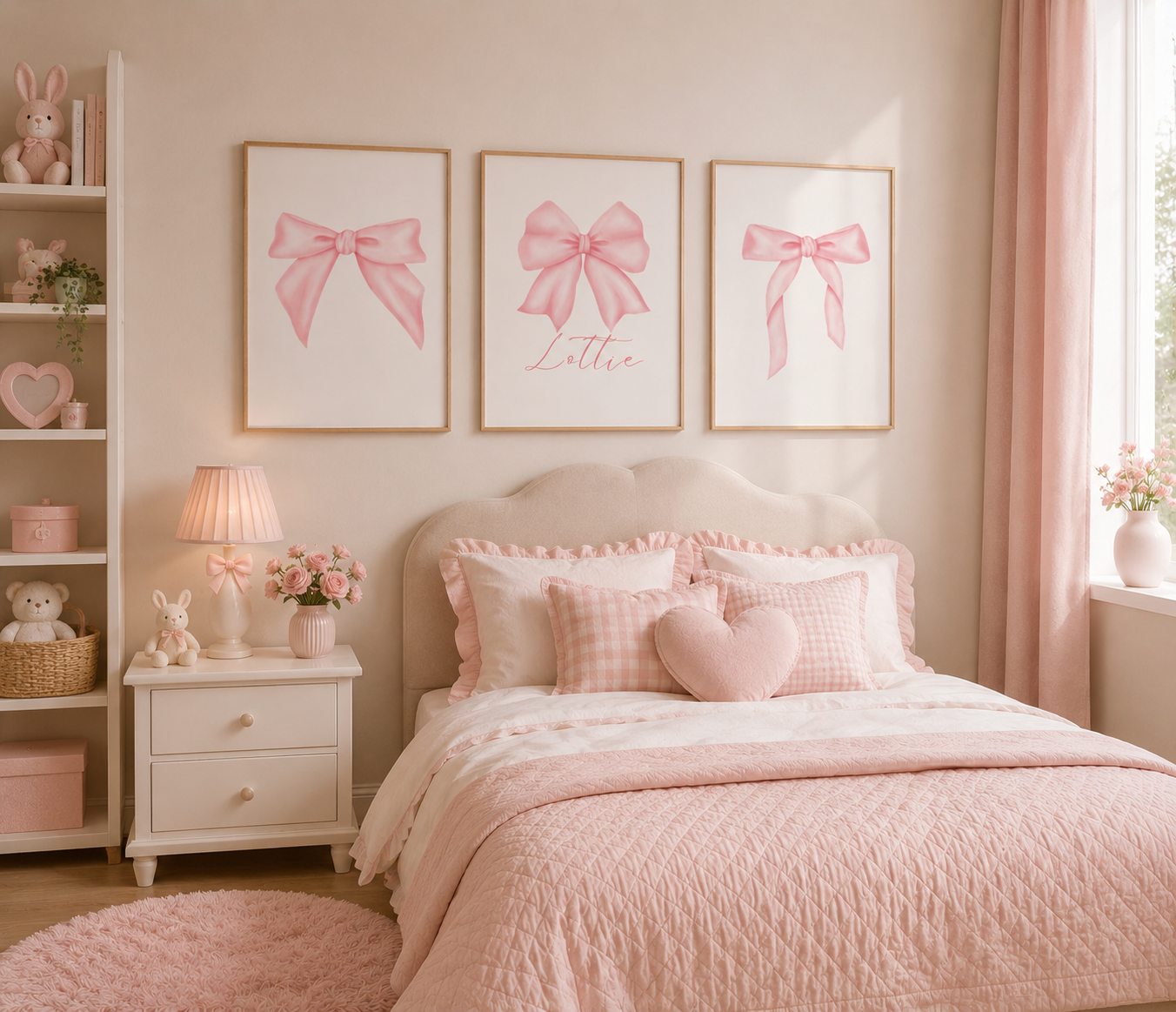 Soft pink coquette bow prints displayed in a feminine girls bedroom with pastel pink interiors.