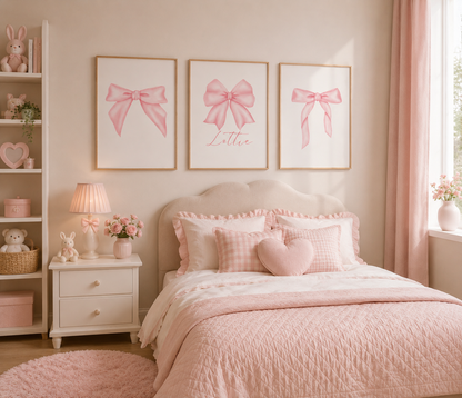 Soft pink coquette bow prints displayed in a feminine girls bedroom with pastel pink interiors.