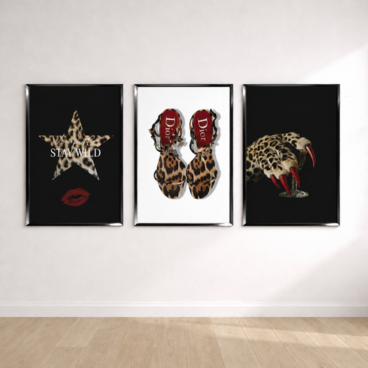 Luxury leopard fashion wall art set in glossy black frames above modern neutral sofa