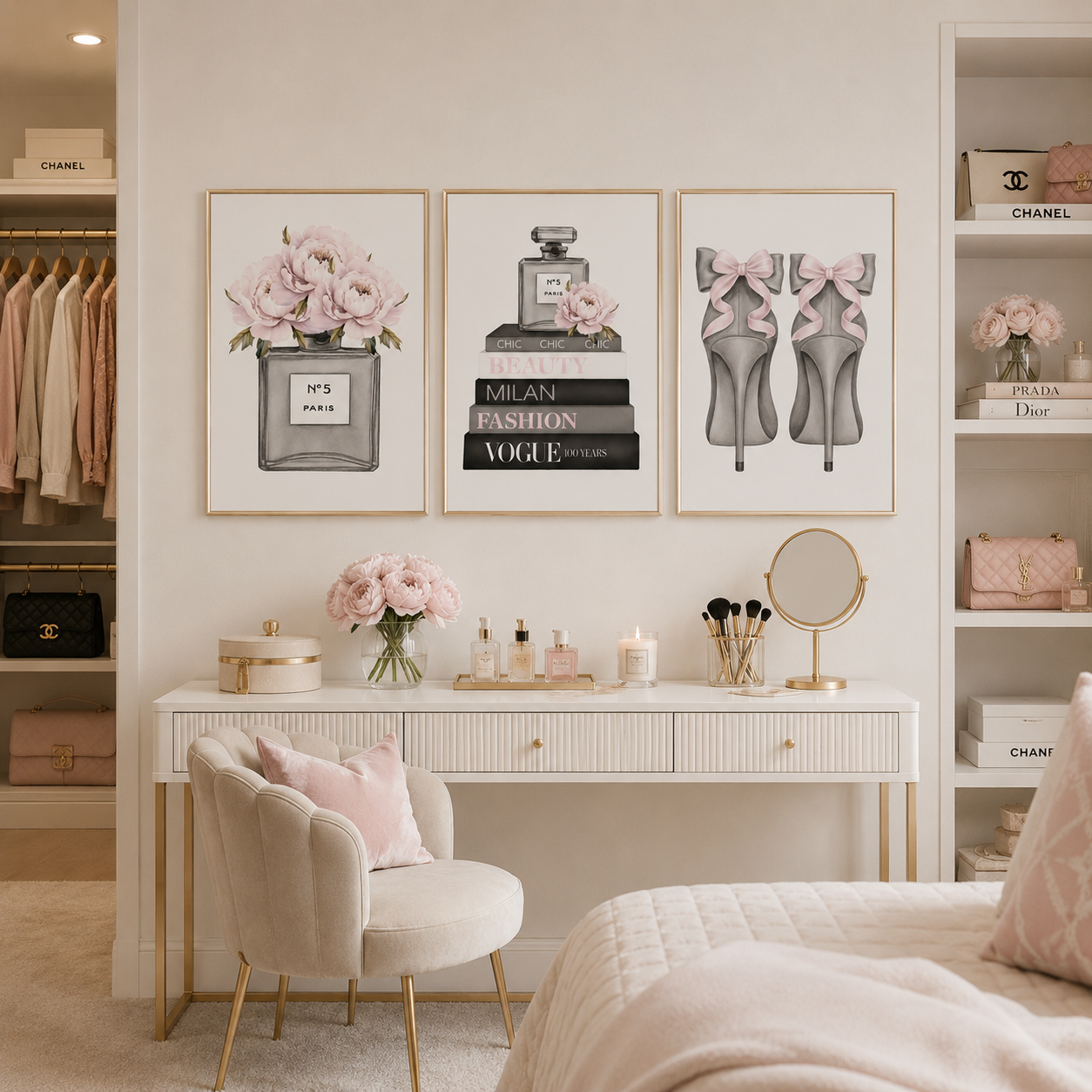 Designer inspired fashion wall art collection for dressing rooms, vanity spaces and feminine home decor.