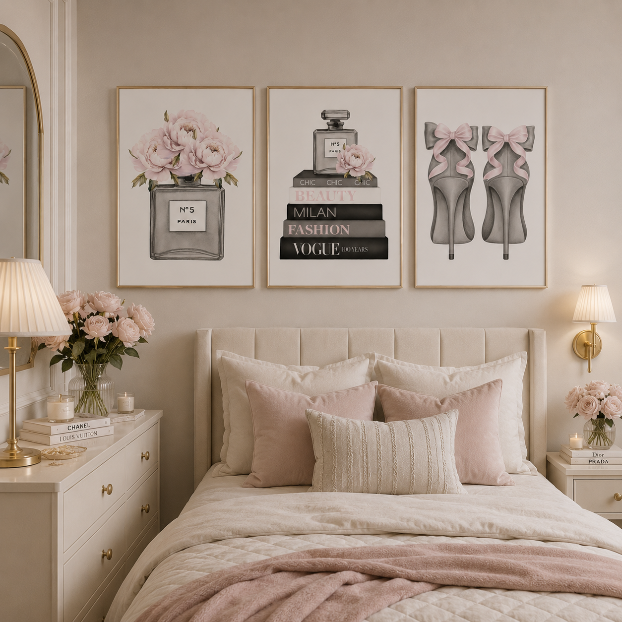 Elegant blush pink fashion print set displayed in a neutral luxury bedroom interior.

