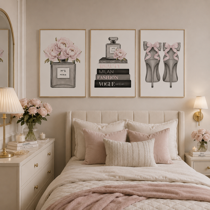 Elegant blush pink fashion print set displayed in a neutral luxury bedroom interior.

