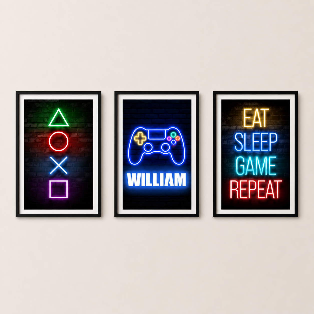 Set of 3 Personalised Neon Gamer Prints