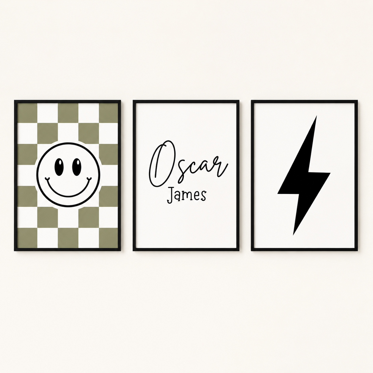 Set of 3 Khaki & Black Smiley Personalised Bedroom Prints