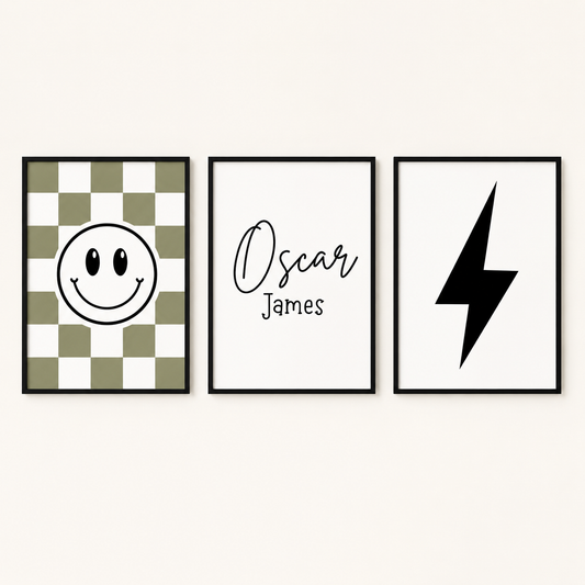 Set of 3 Khaki & Black Smiley Personalised Bedroom Prints