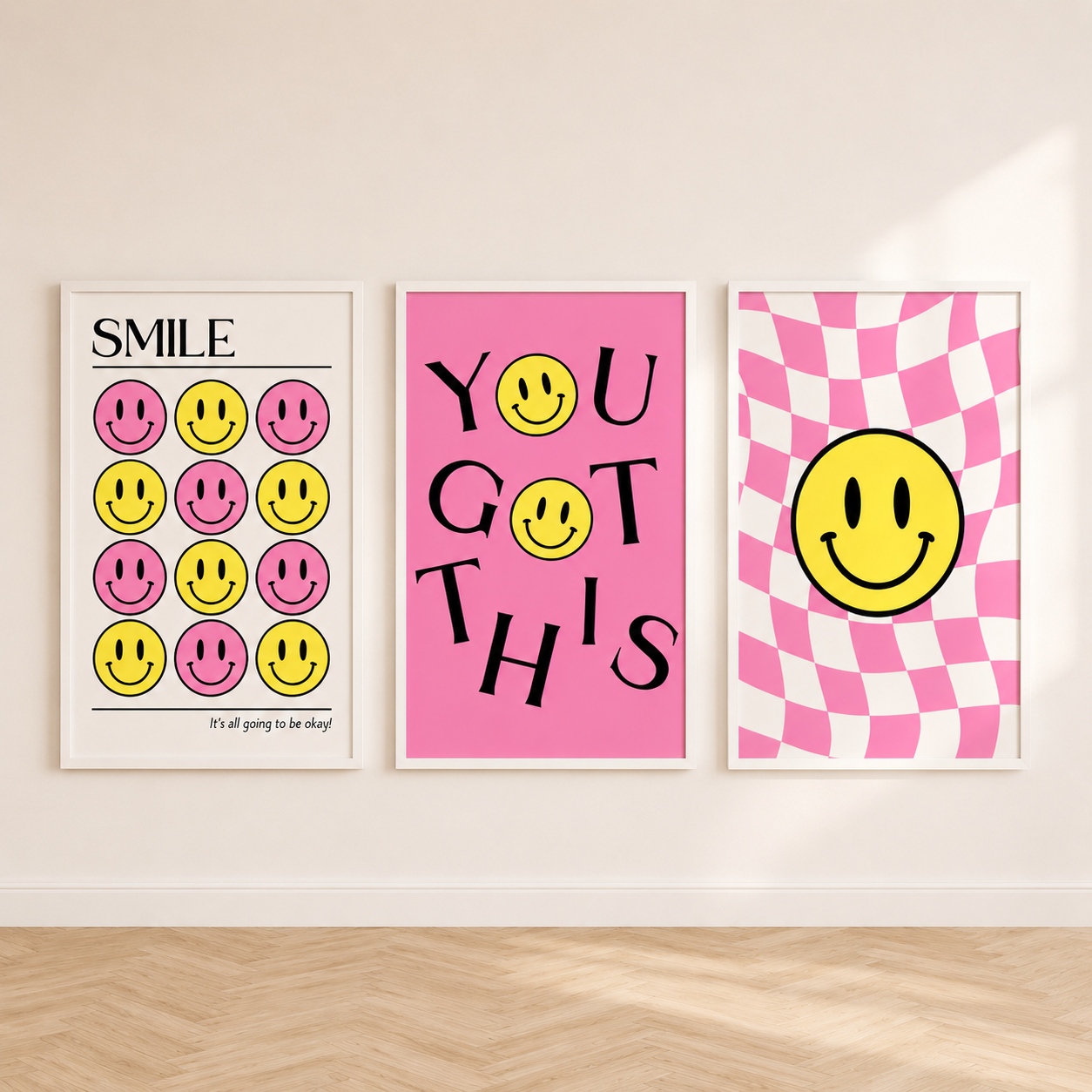 Set of 3 Pink Smiley Preppy Prints