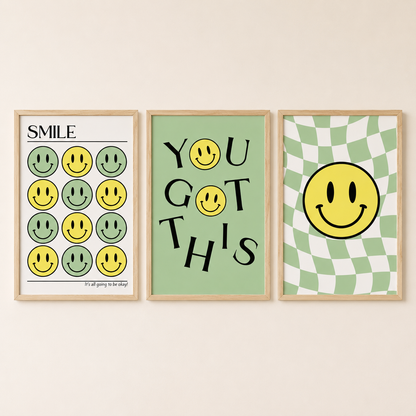 Set of 3 Green Positive Smiley Prints