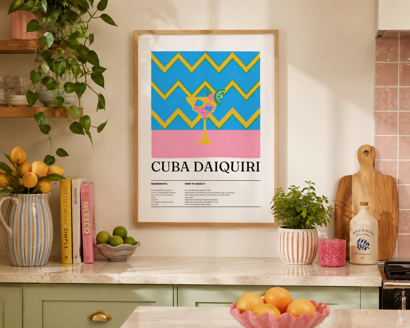 Cuba Daiquiri Cocktail Print - Blue, Yellow & Pink