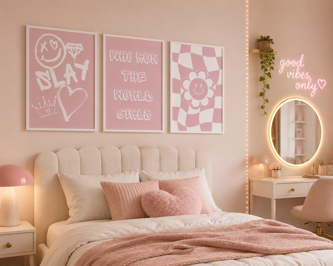 Pink Preppy Girls Wall Art Set | Who Run The World Girls Posters