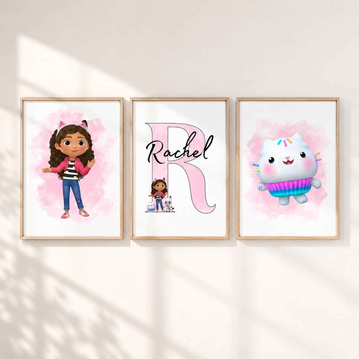 Personalised Gabby's Dollhouse prints set of 3 featuring Gabby Cakey Cat and custom girls name initial bedroom wall art