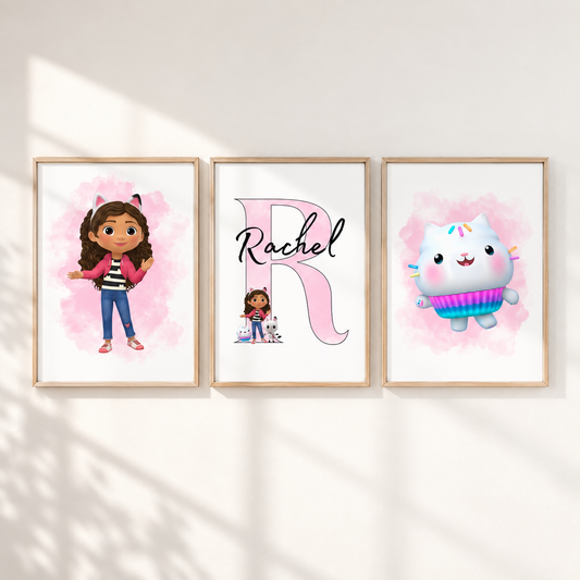 Personalised Gabby's Dollhouse prints set of 3 featuring Gabby Cakey Cat and custom girls name initial bedroom wall art