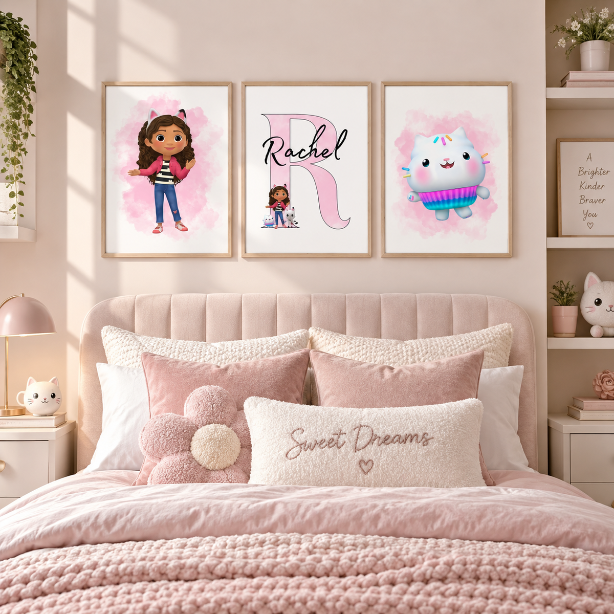 Personalised Gabby and Cakey Cat print set of 3 pink girls bedroom character wall art with name and initial