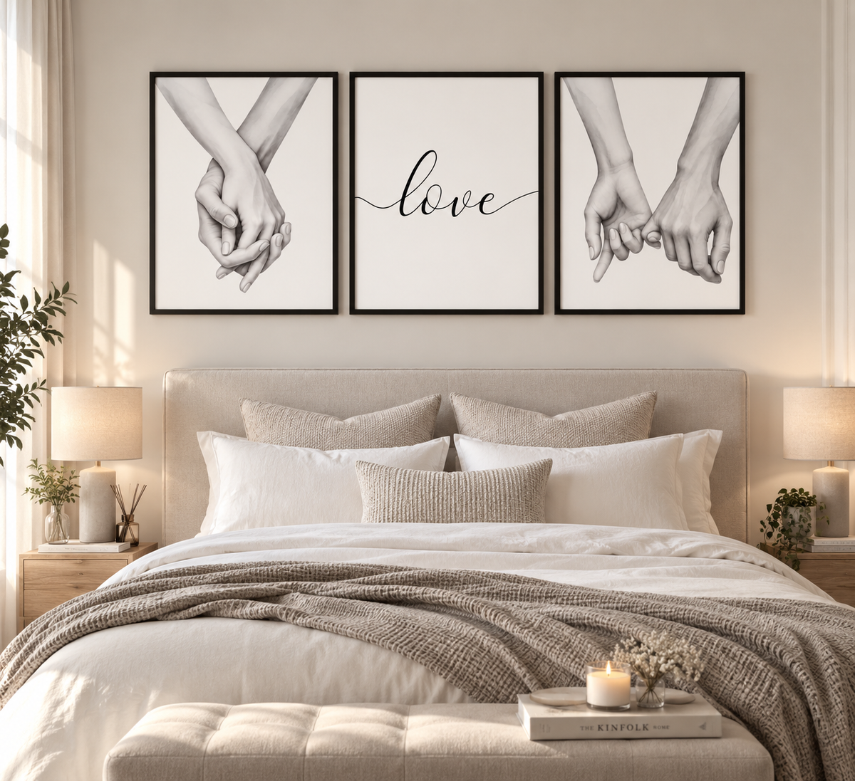 A styled bedroom scene with a bed, pillows, lamps, and a bench, featuring three framed wall art prints above the headboard. The prints show black-and-white drawings of intertwined hands, with the center print reading "love" in script.
