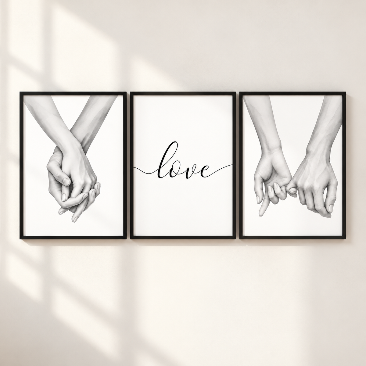 Couples love wall art set of 3 with holding hands pinky promise and love typography monochrome prints