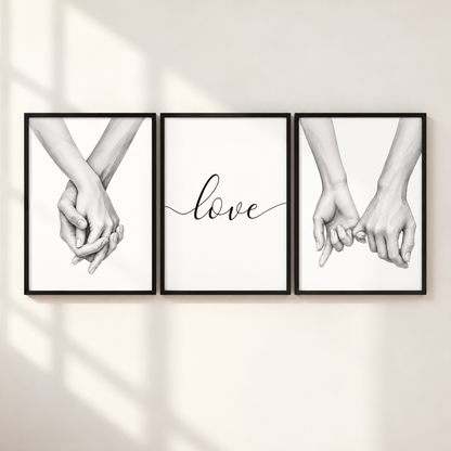 Couples love wall art set of 3 with holding hands pinky promise and love typography monochrome prints