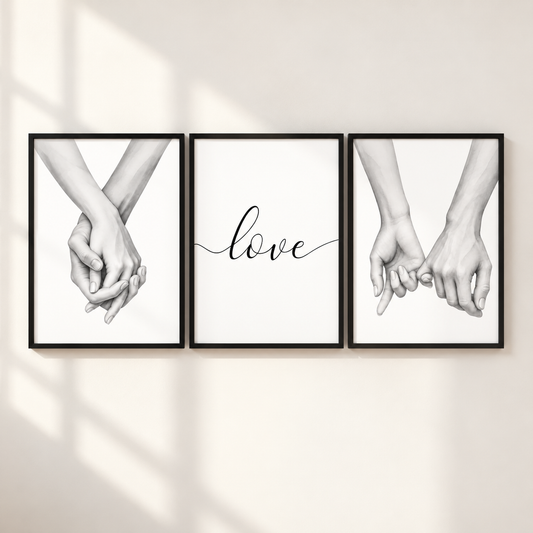 Couples love wall art set of 3 with holding hands pinky promise and love typography monochrome prints