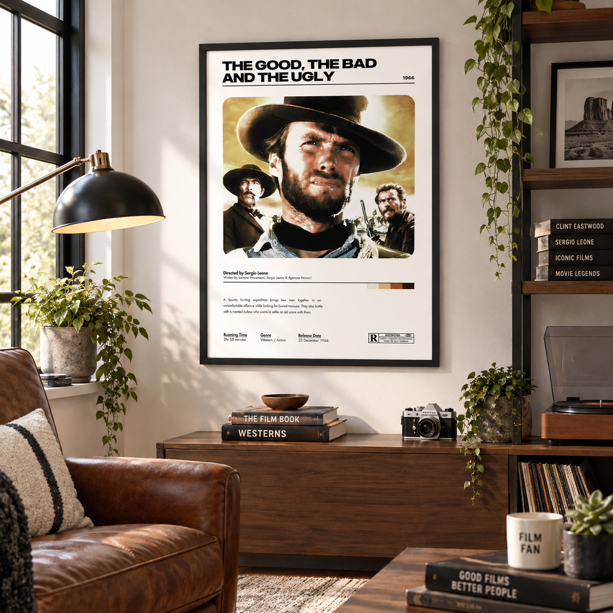 A framed movie poster for 'The Good, The Bad and The Ugly' hangs on a light beige wall in a styled living room setting with a leather armchair, wooden console, plants, and books.