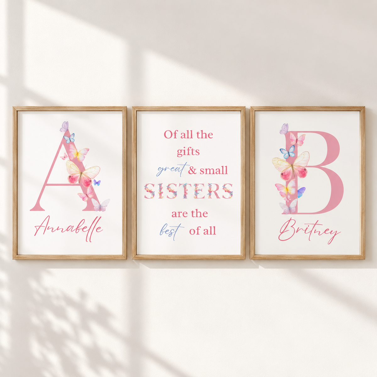 Personalised sisters print set of 3 with girls names initials pastel butterflies and sister quote wall art