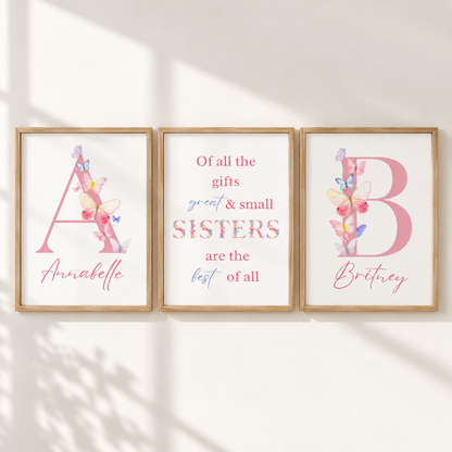 Personalised sisters print set of 3 with girls names initials pastel butterflies and sister quote wall art