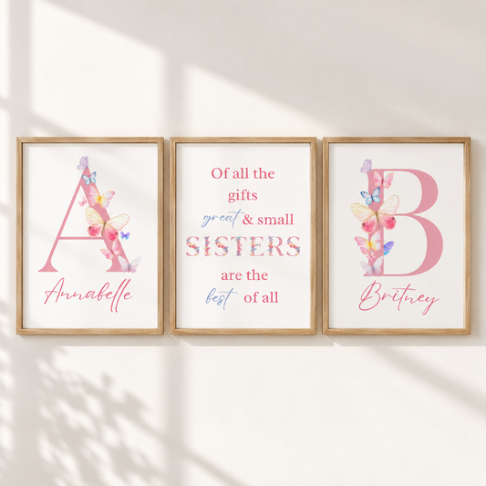 Personalised sisters print set of 3 with girls names initials pastel butterflies and sister quote wall art