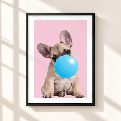 A framed art print featuring a cute French Bulldog puppy with a large blue bubblegum bubble against a solid pink background, displayed on a warm beige wall with soft window shadow overlays.