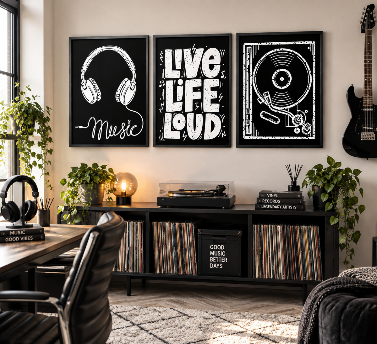 Three framed black-and-white music-themed wall art prints hang above a record cabinet in a styled room. The left print shows headphones with the word Music, the center print reads LIVE LIFE LOUD, and the right print shows a vinyl record.
