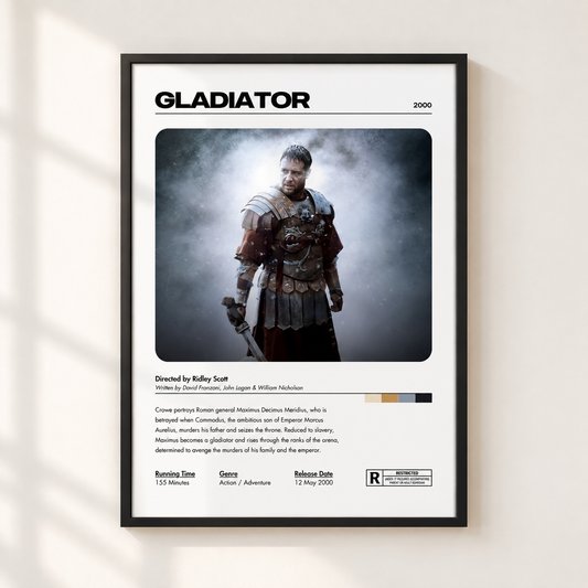A framed movie poster for the film 'Gladiator' is displayed on a light beige wall with soft diagonal shadows. The poster features a black frame, a white background, and a central image of the character Maximus in armor.