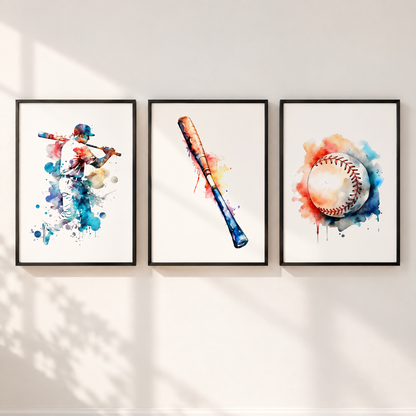 Baseball wall art set of 3 colourful sports prints with baseball player bat and ball