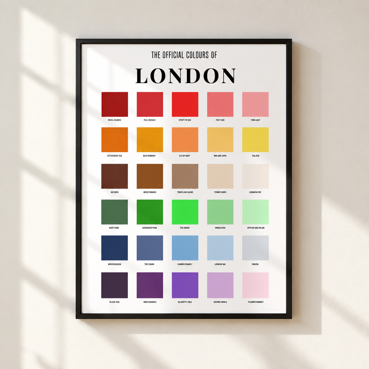 London wall art print featuring colourful London colour chart with iconic landmarks and British references