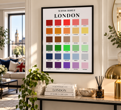 Colourful London typography poster styled in modern living room as British wall decor