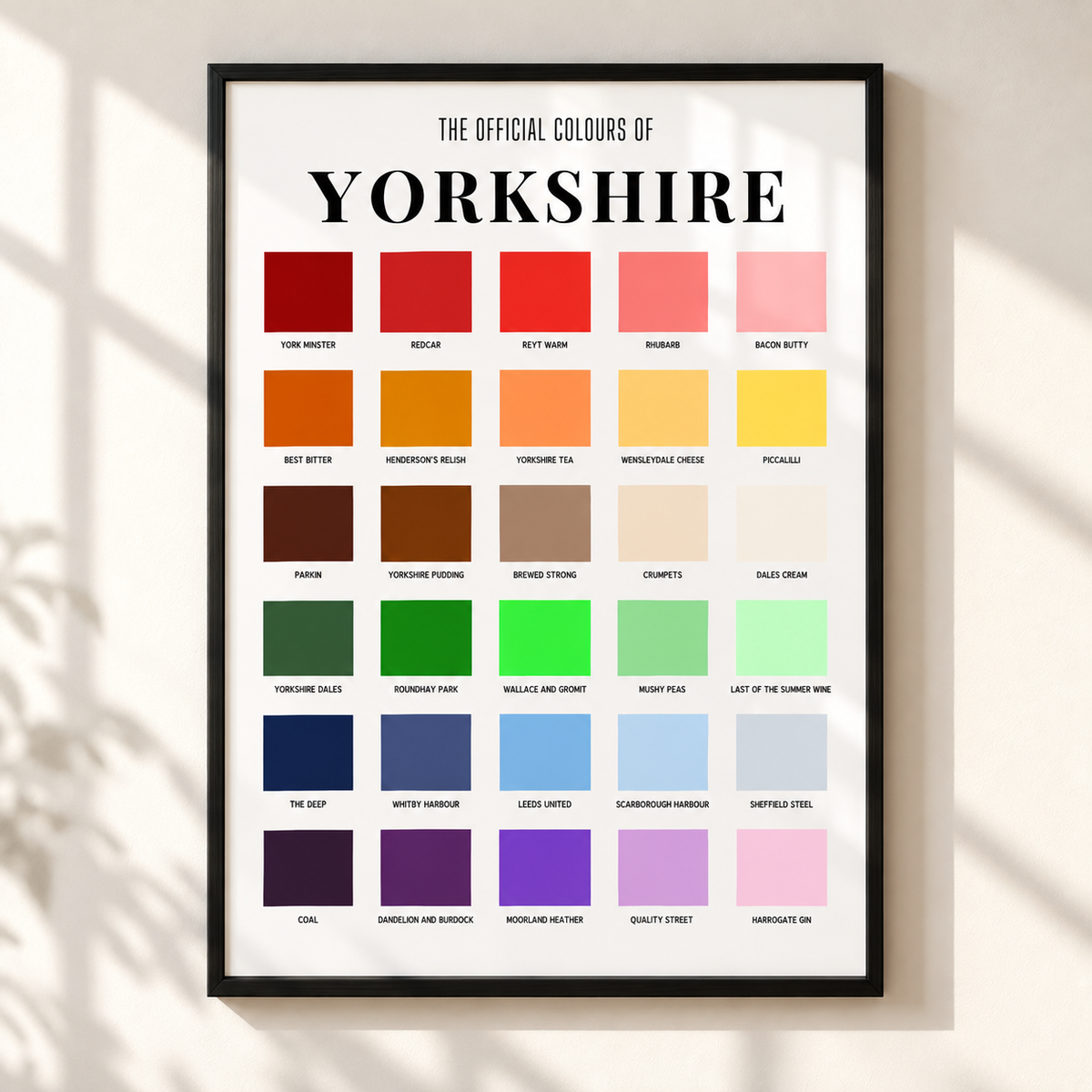 Yorkshire wall art colour chart print featuring Yorkshire places food culture and colourful typography