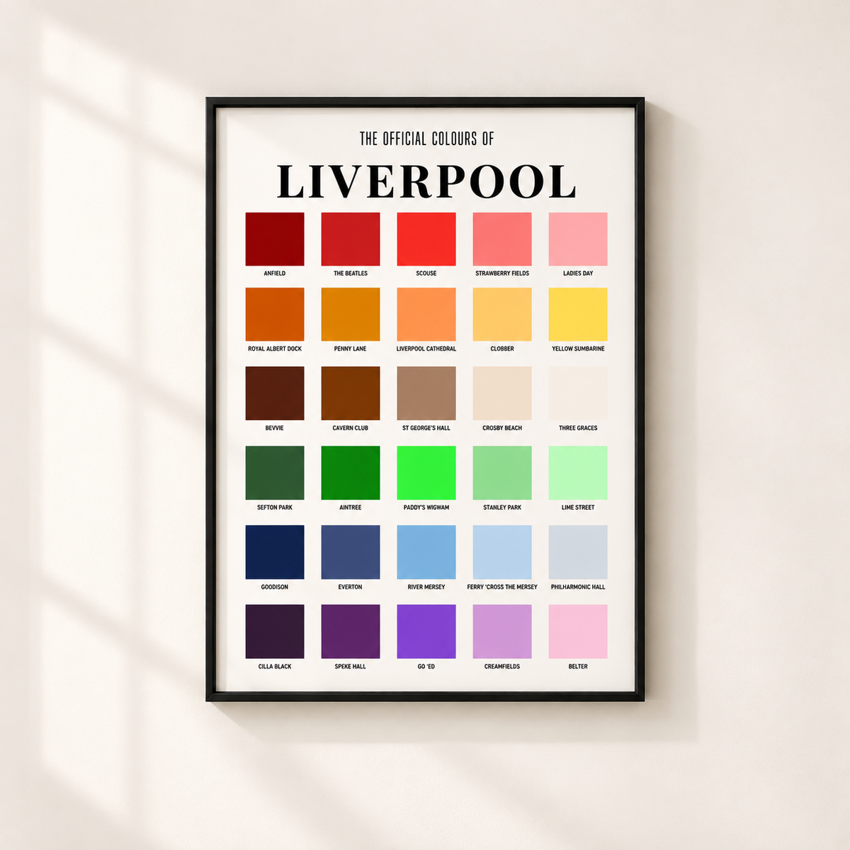 Liverpool colour chart wall art print featuring iconic Scouse landmarks culture music and local city references