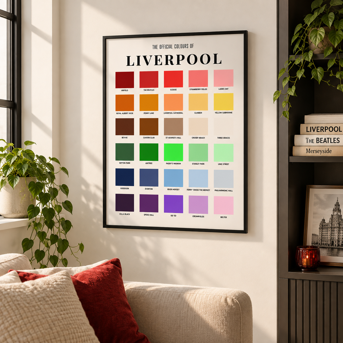 Colourful Liverpool wall art styled in a contemporary lounge with local city landmark and culture references