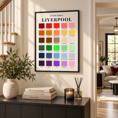 Liverpool city colour chart print displayed in a modern home featuring Merseyside landmarks and Scouse references