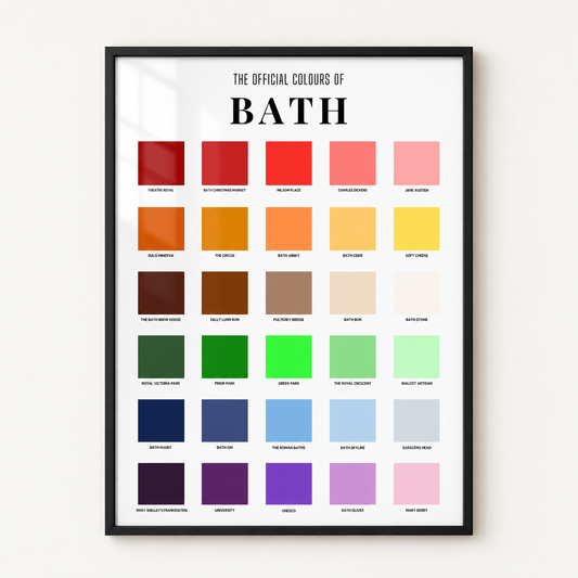 A framed poster titled 'THE OFFICIAL COLOURS OF BATH' showing a grid of color swatches in various shades, photographed hanging on a light wall.