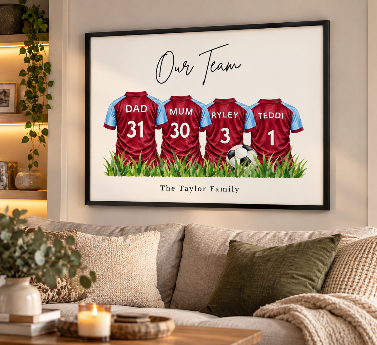 Personalised claret and blue football family wall art with custom names shirt numbers and family surname