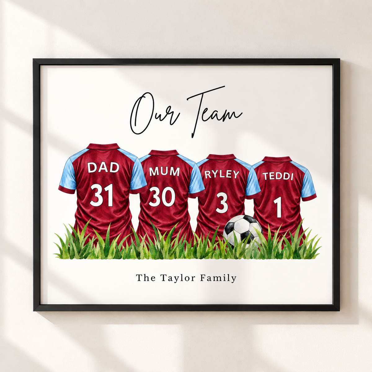 Aston Villa inspired personalised football family print with claret blue shirts custom names numbers and surname