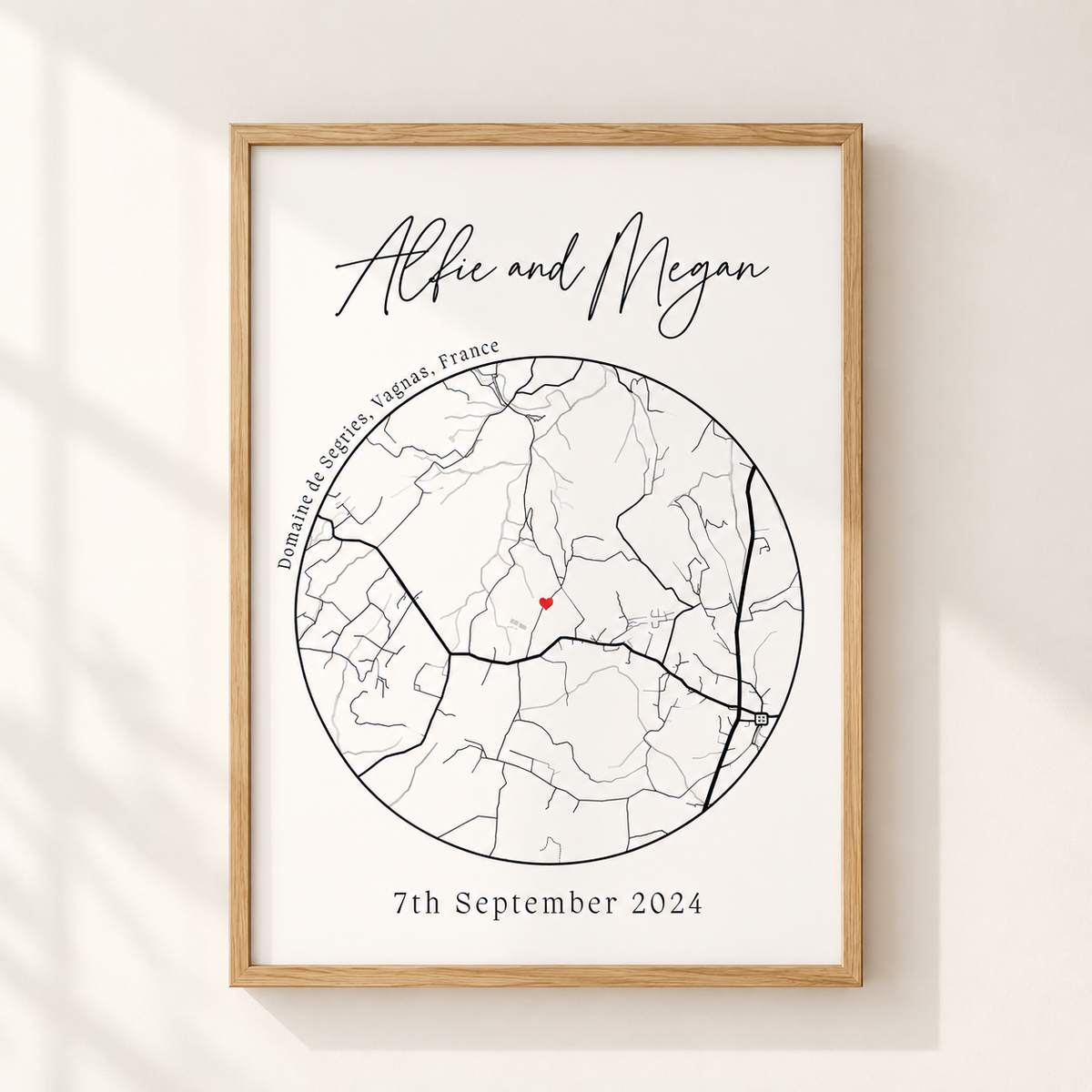 Personalised couple map print with names special location heart marker and date in oak frame