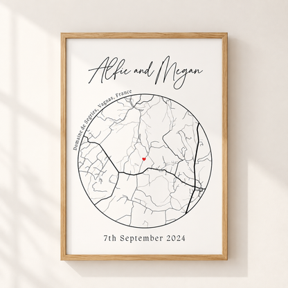 Personalised couple map print with names special location heart marker and date in oak frame