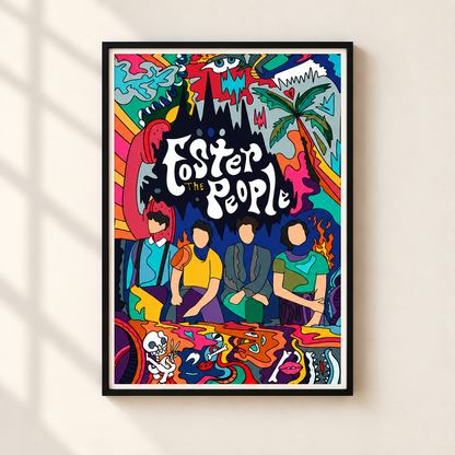 A framed colorful poster featuring stylized illustrated figures and the text 'Foster the People' in large white lettering, hanging on a light beige wall with soft window-shadow lighting.