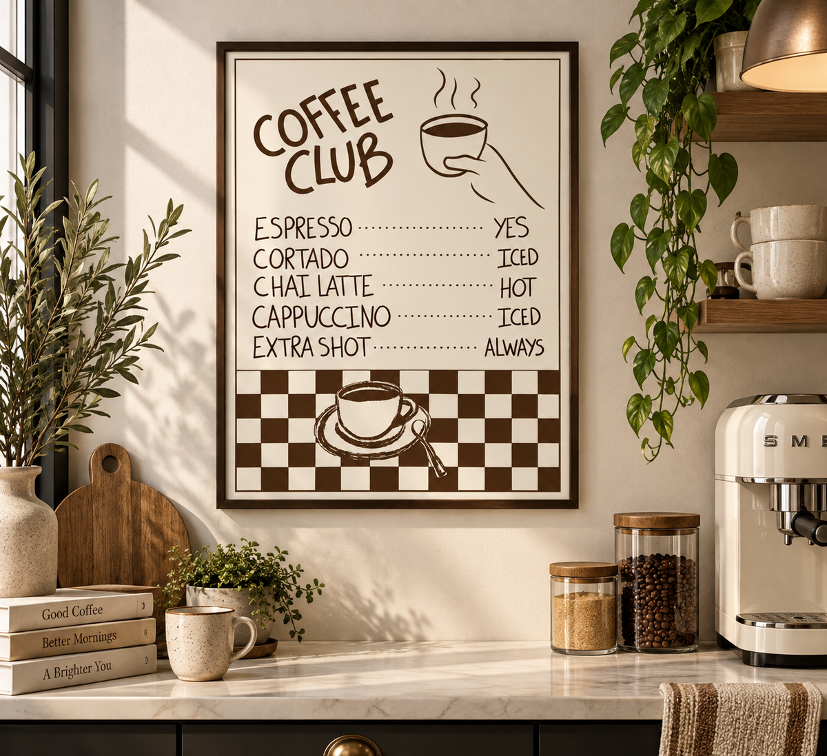 A framed coffee-themed wall print with a checklist reading 'COFFEE CLUB' hangs on a kitchen wall above a counter. The print has brown text and graphics on a cream background, including a coffee cup illustration and a brown-and-white checkerboard section at the bottom.