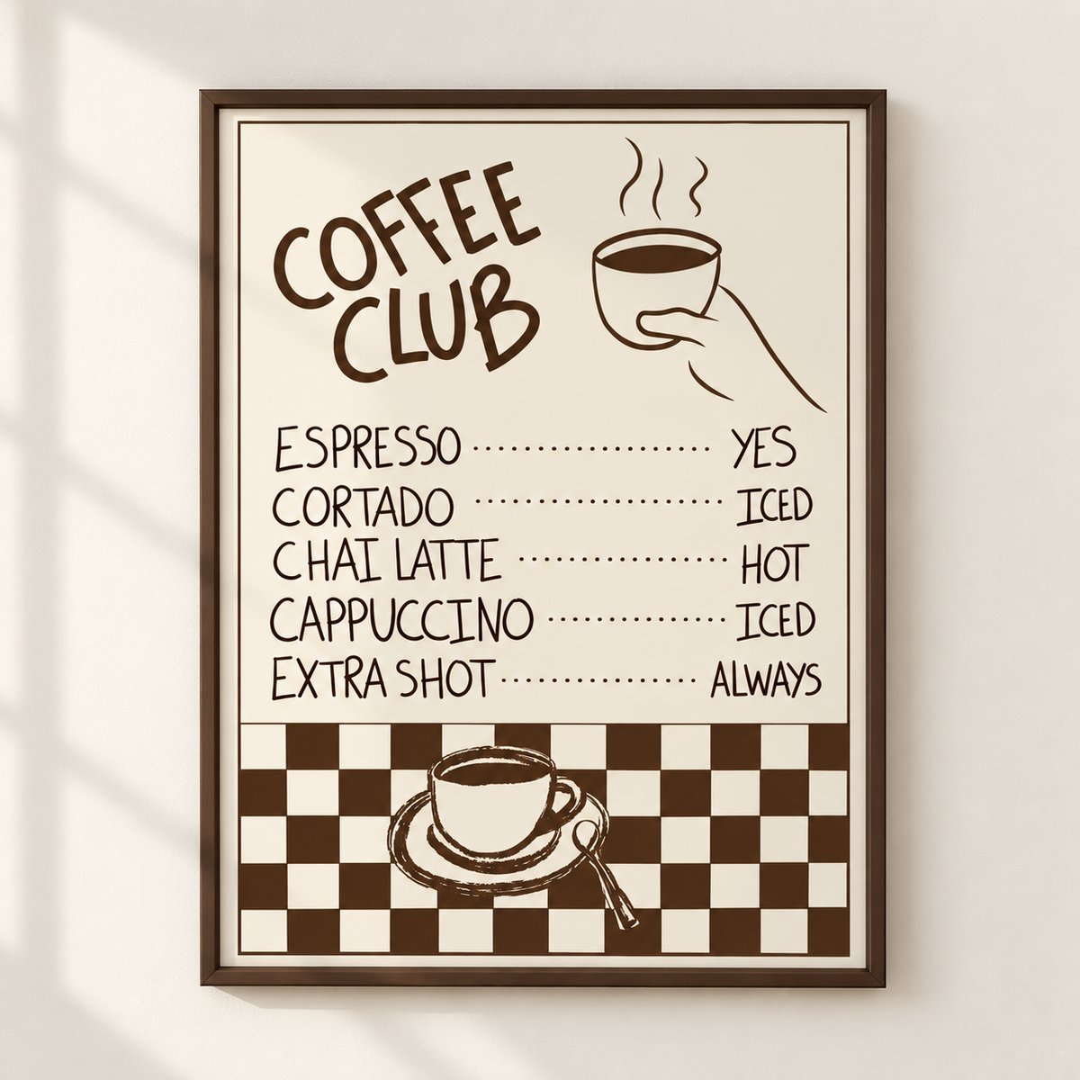 A framed coffee-themed poster on a light wall, featuring the words 'COFFEE CLUB' and a list of coffee options with yes/answer labels, plus a cup illustration and checkerboard design.
