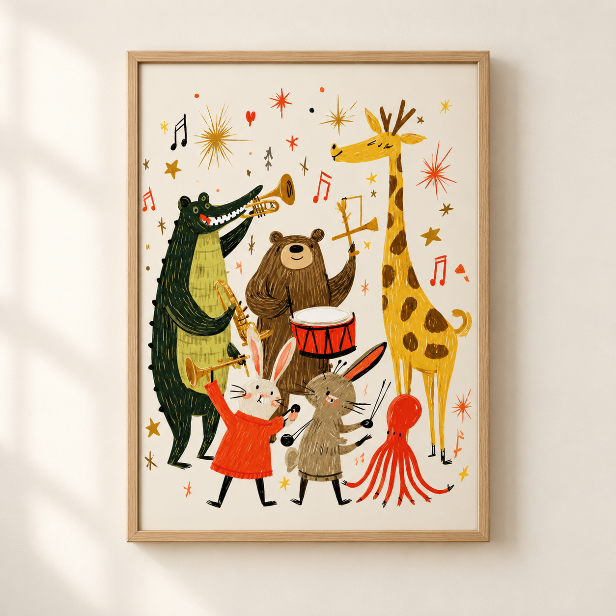 A framed whimsical art print featuring a band of animal characters playing musical instruments, hanging on a light beige wall.
