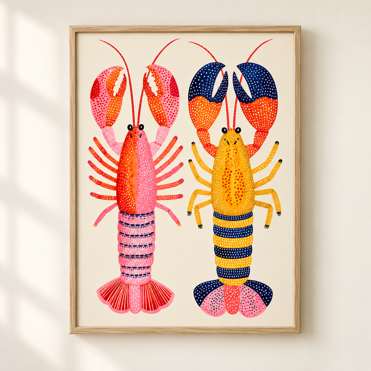 Framed wall art featuring two stylized lobsters in bright pink, orange, yellow, and navy dotted patterns on a cream background, hung on a light beige wall.