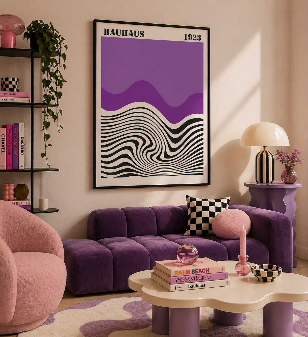 Purple Bauhaus Wave Print | Retro Abstract Black White Modern Wall Art