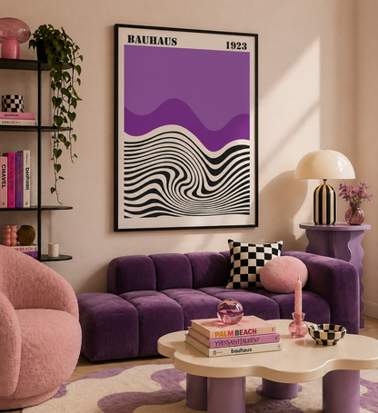Purple Bauhaus Wave Print | Retro Abstract Black White Modern Wall Art