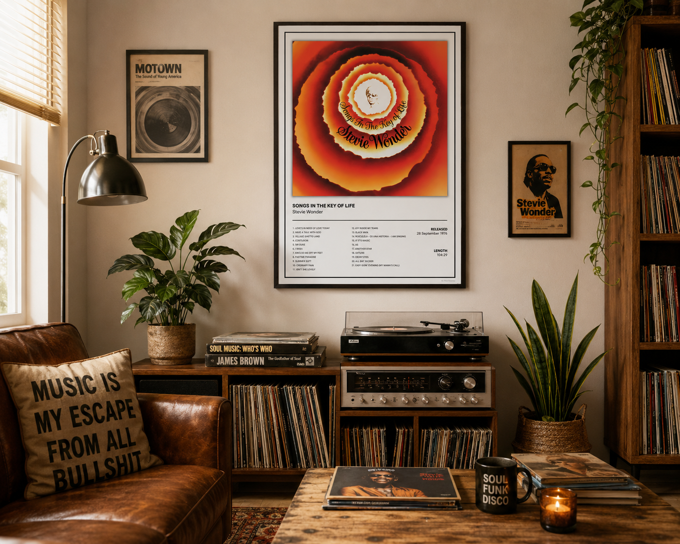 A framed Stevie Wonder Songs in the Key of Life print hangs on a beige wall in a cozy, vintage-styled music room. The room features a brown leather couch with a decorative pillow, a turntable, vinyl records, and potted plants.