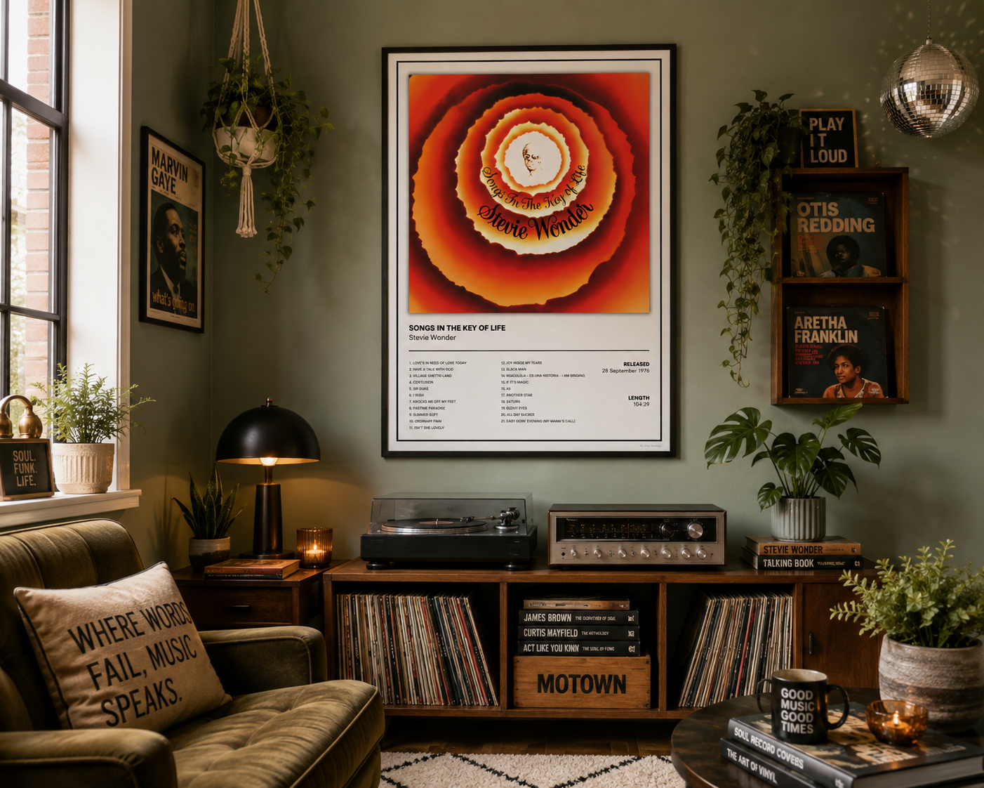 A framed Stevie Wonder Songs in the Key of Life music poster hangs on a sage green wall in a cozy, styled living room with a record player, plants, and a couch.