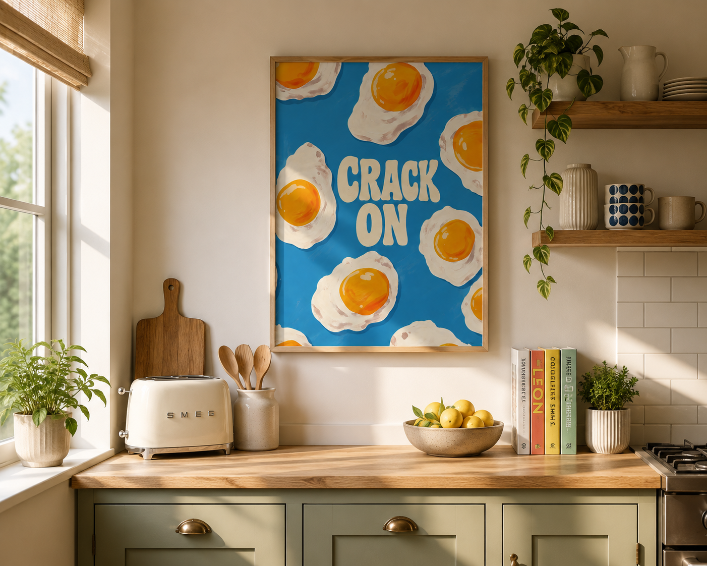 A framed wall art print featuring a blue background with illustrated fried eggs and the words “CRACK ON” in large cream letters, displayed in a bright kitchen above a countertop with a toaster, bowl of lemons, and plants.
